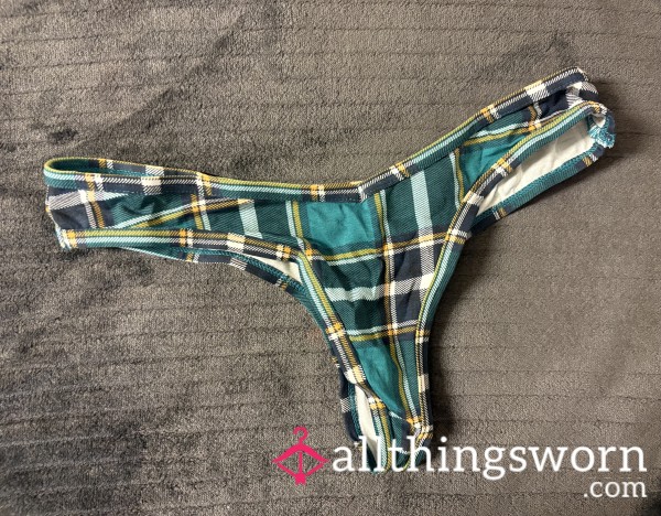 High-Cut Green Plaid Patterned Stretchy Thong, Size XS