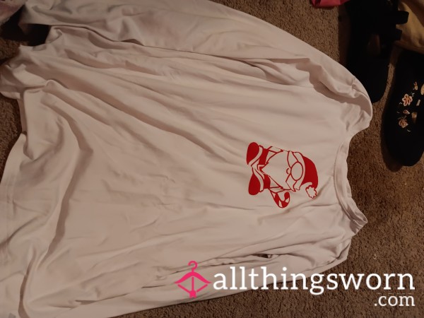 Holiday Heat – Worn White Long Sleeve W/ Naughty Santa Print