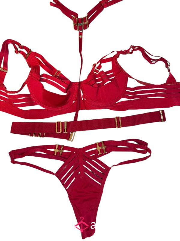 Honey Birdette Red Lingerie Set – Bra, Briefs & Satin Shorts