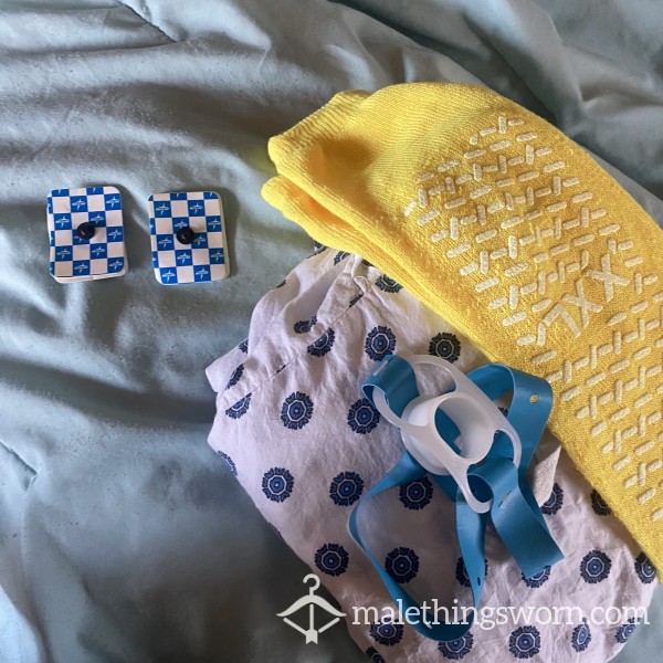 Hosp*tal Souvenirs From Endoscopy: Socks, Gown, Bite Block, EKG Pads, Hosp*tal Bag