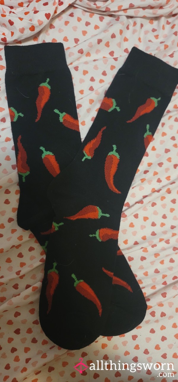 Hot Pepper, Crew Socks ~ Black, Red, Worn 24hrs~♥