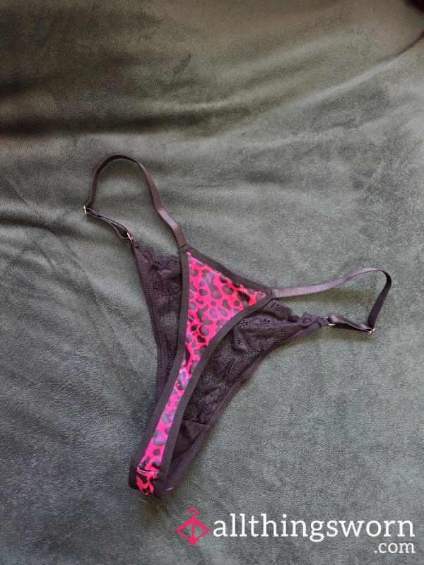 Hot Pink And Black Satin And Lace Animal Print Thong