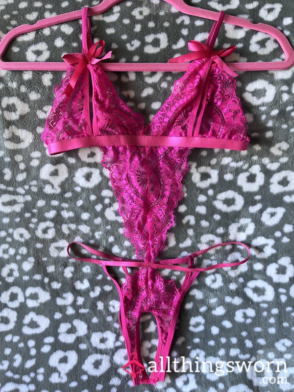 Hot Pink Lace Teddy Bodysuit W/ Bows