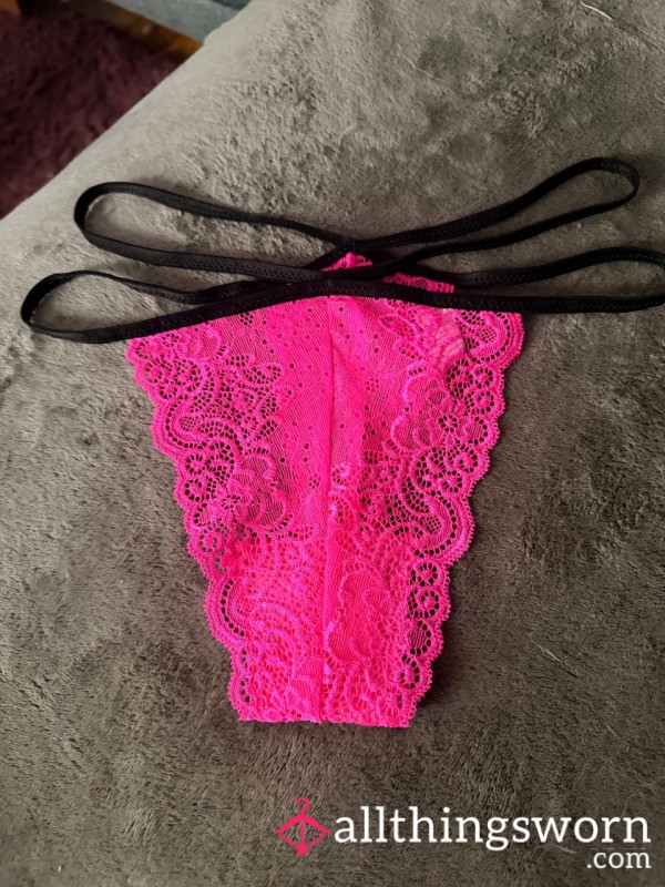 Hot Pink Lace Thong, Double Waist Band
