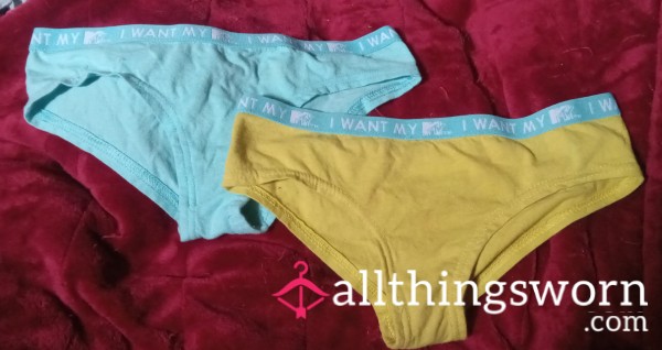 "I Love My MTV!"  Well-used And Worn Panties.  Blue Or Yellow, Sz Small.  $22 For 2 Days!