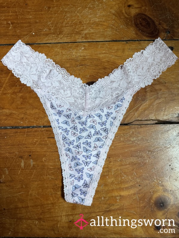 🩷🦋 Light Pink Ribbed Cotton W/ Lace Trim Thong, XXL, VS