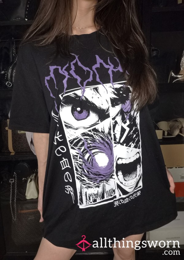 😈Japanese Anime Graphic T-Shirt Top Oversized Large Black Cotton Shirt Japanese Asian Gym Girl Tattoos Athletic Curvy Slim Fitness Model Personal Trainer