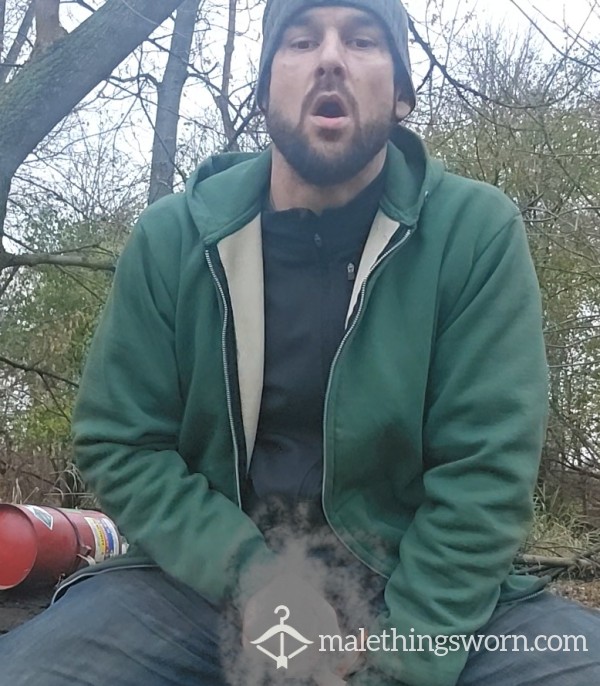 Jerk And C*m On Fallen Tree With Fire Extinguisher Present