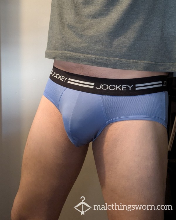 Jockey Mid Rise Athletic Briefs For Sale.  Uncut C*ck Inside.  Blue.  Medium.  Customs Available.  Worn And Used.