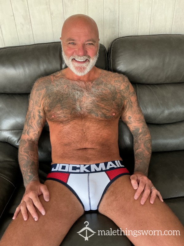 Jockmail Briefs In White And Red. UK POSTAGE INCLUDED IN PRICE.