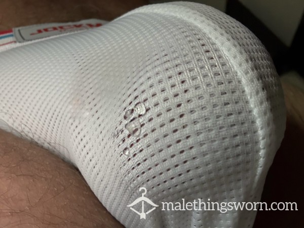 JOCKMAIL TRI-COLOUR WHITE/RED & BLUE BAND TRADITIONAL RIBBED MESH TANGA BRIEF  SWEATED & PREc*m… 💪🏽🤪👍🏽🥵 🍆💧💧 👅 📦 🤪✅