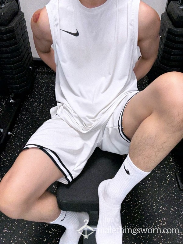 Just Finished Gym Workout! These White Nike Socks Worn All Day 🧦 Full Of Sweat And My Masculine Scent 😈 Muscular Legs + Strong Used Socks, Very Fresh And Potent! DM Me If You Want Them.