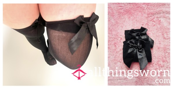 Mistress Sweaty Knee High Black Bow Stockings