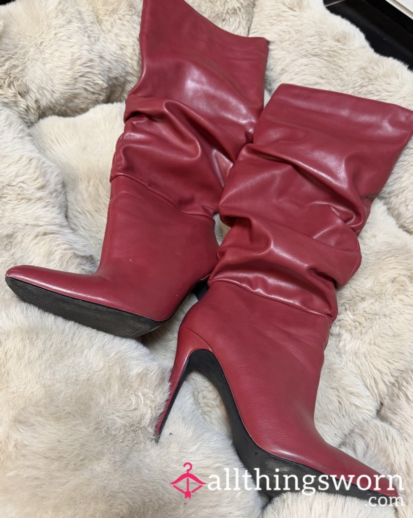 Lightly Worn Red Knee High Slouch Boots – Sultry Red Leather For Your Boot Worship Obsession, Teasingly Used & Irresistible