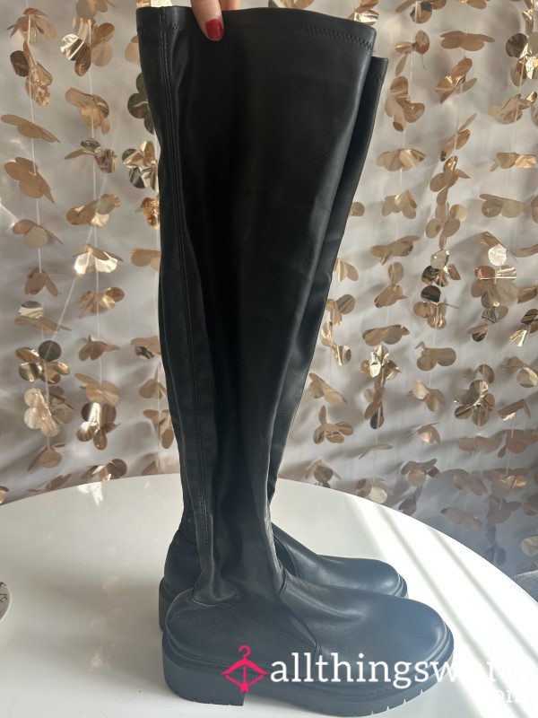 Knee High Faux Leather Chunky Boots