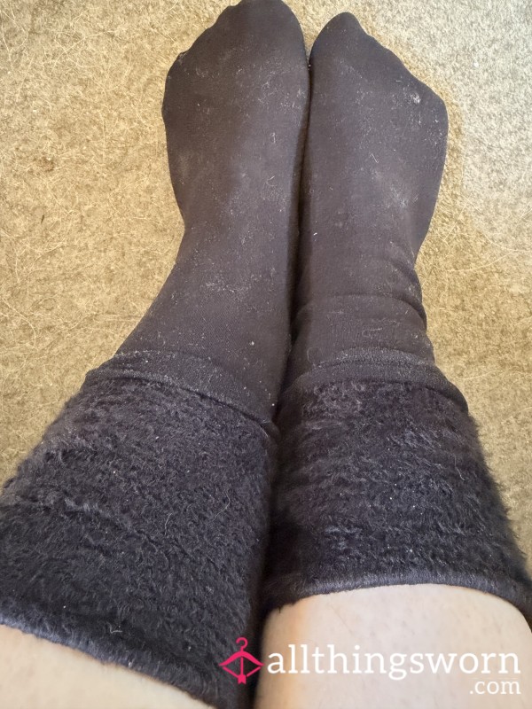 Knee High Fur Lined Black Socks In Size 4-6 UK