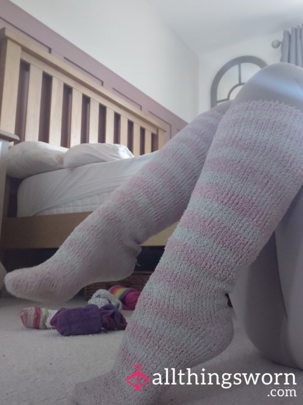 Knee High Pink And White Striped Fluffy Socks