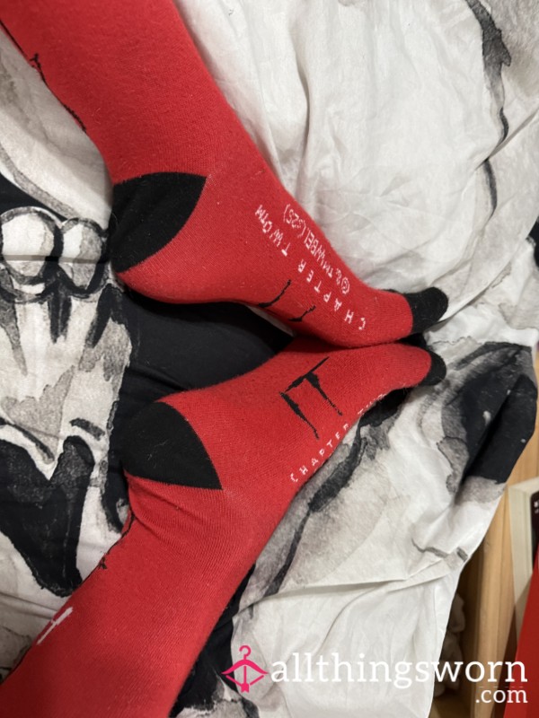 Knee-high Red And Black Pennywise Socks. They Were Very Well-worn In Converse During An Amazon Shift.