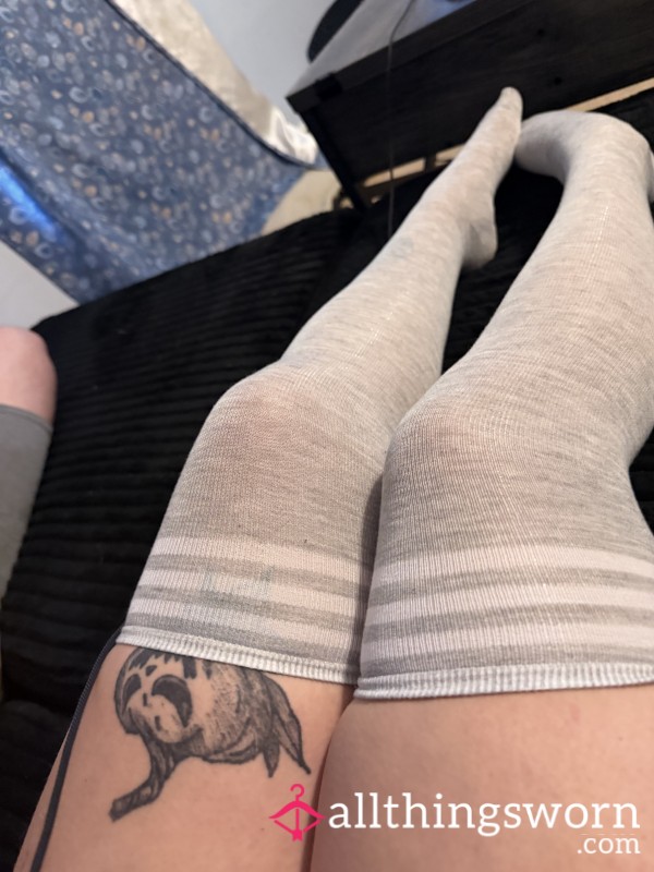 Knee High Socks (gray W/ White Stripes)