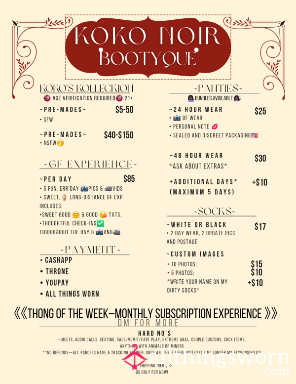 Koko's Bootyque Menu