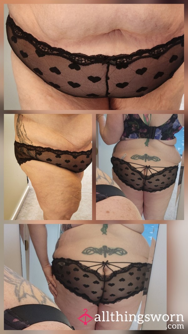 Lace And Mesh Heart Covered Black Full Back Panties Size 26/28