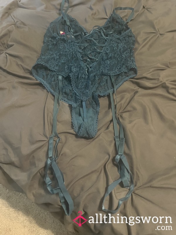 Lace Blue Thong & Garter Lingerie