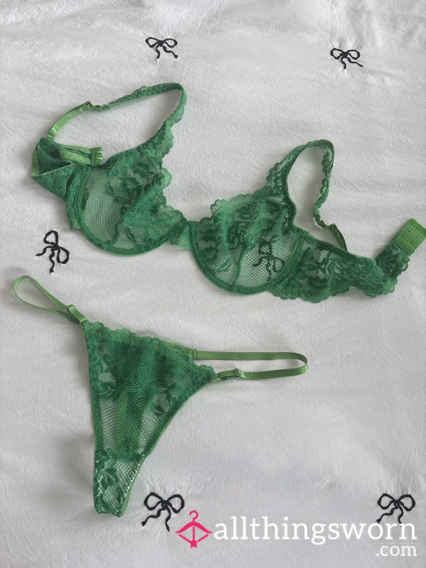 Lace Green Matching Set Bra Thong Knickers Women’s Large 34DD