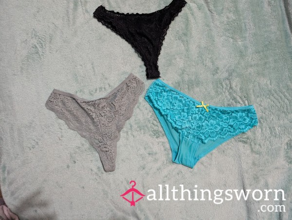 ((SOLD)) Lace Grey G-string And Light Blue Lace Panties  And S**y As F**k Lace High Black G-string 3 Days Worn Already WORN BY YOURS TRULY RAINBOW 🌈💕🌈