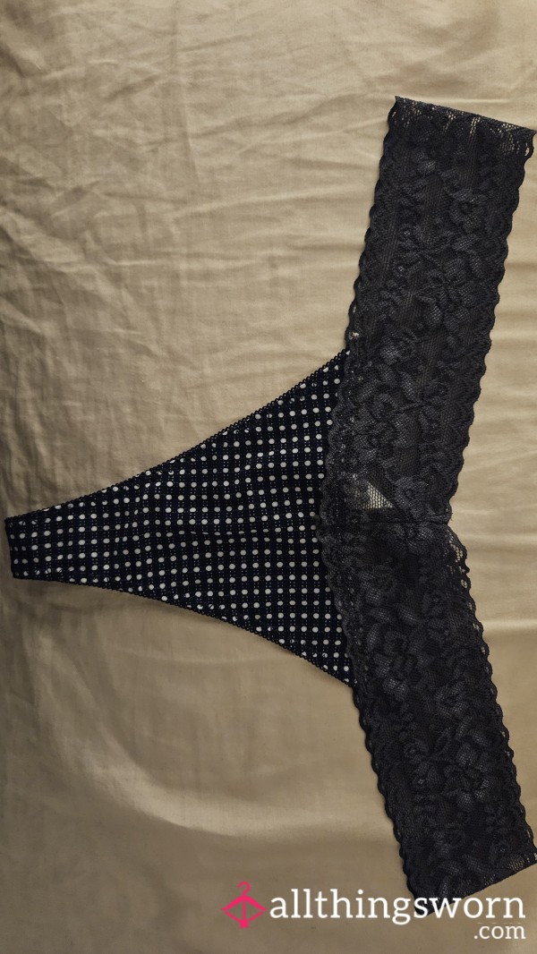 Blue Polkadot Lace Trim Nylon Thong