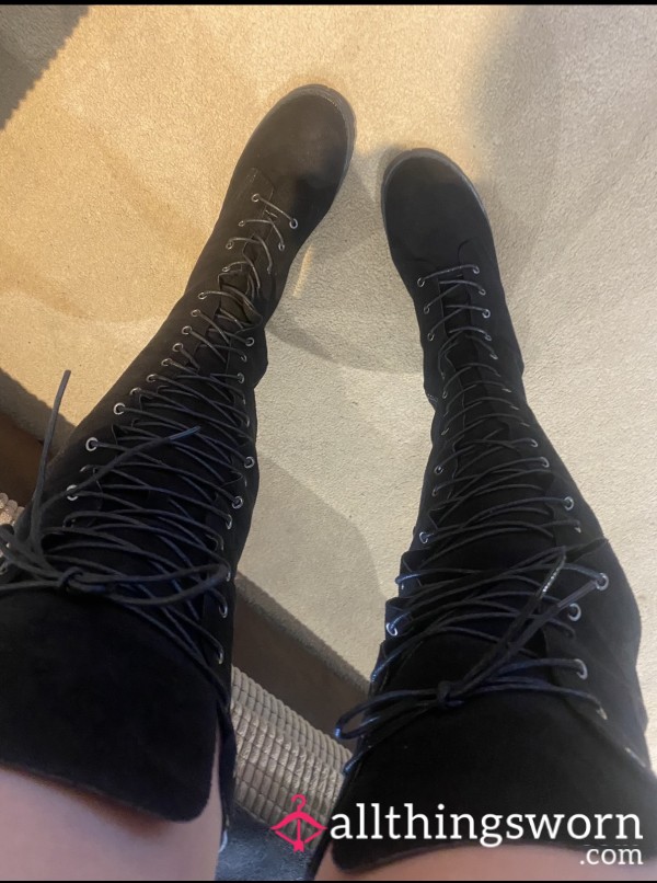 Lace Up Boots Women's Thigh High Black Motorcycle Boots, Flat Chunky Heel Tall Boots With Side Zipper, Round Toe, Very S**y ;)