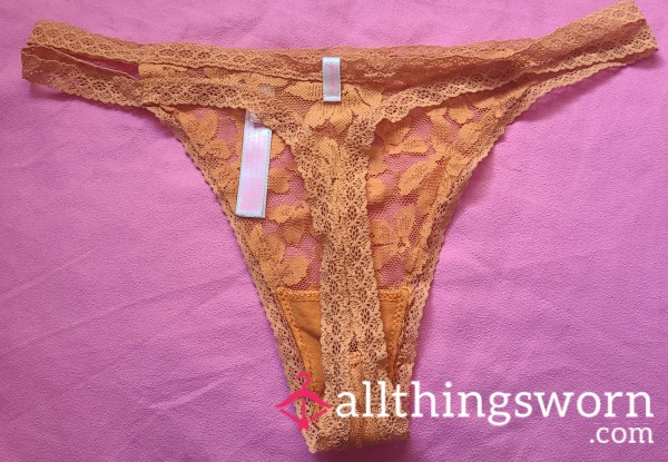 Lacey 🌼 Orange Thong - Sniff A Cute Redhead's Pu**y - Size Small Very Worn & Slightly Bleached