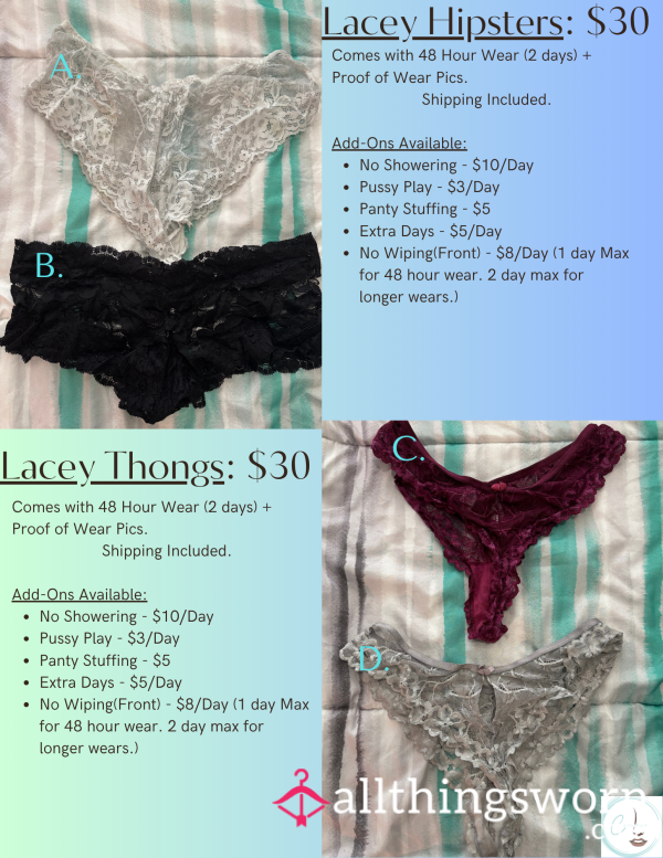 Pick A Pair - Lacey Thongs & Hipster Panties - 48 Hour Wear. Longer Available