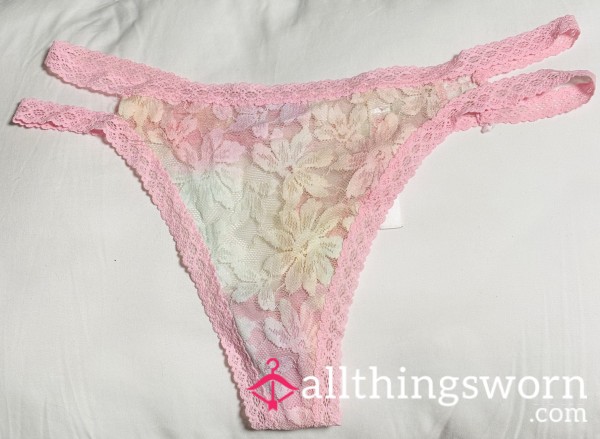 Lacy Pastel Pink Flower-Pattern Thong