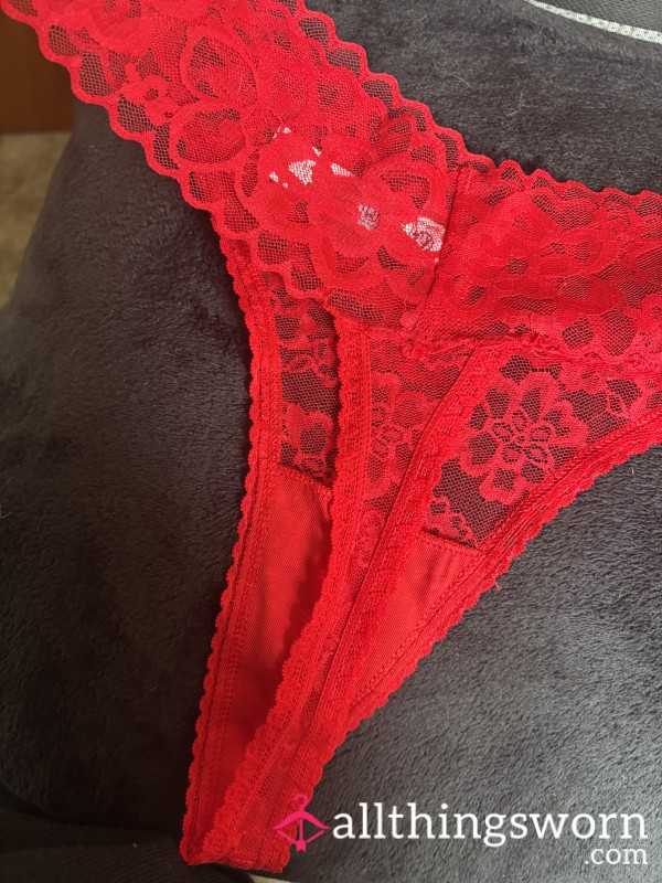 Lacy Red Thong - Worn Especially For You!