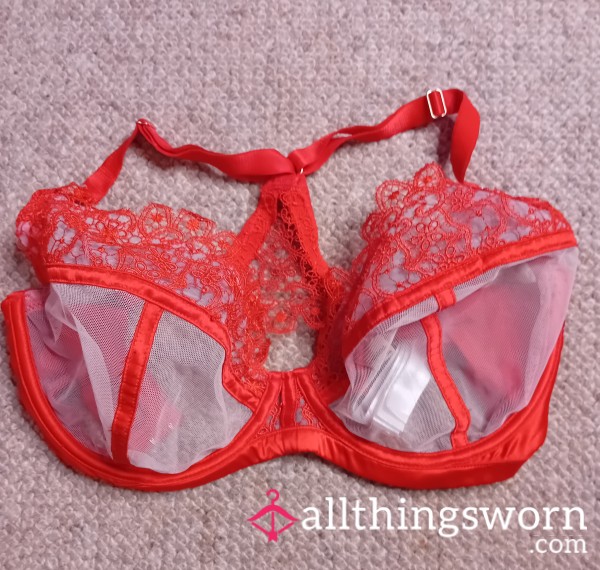 Lacy, Sheer, Red, Racer Back Bra, Size 30GG