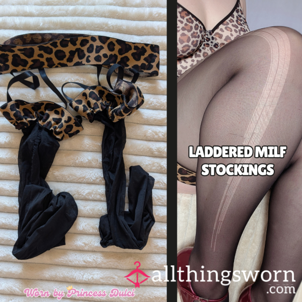 Laddered Worn MILFy Leopard Suspender Stockings