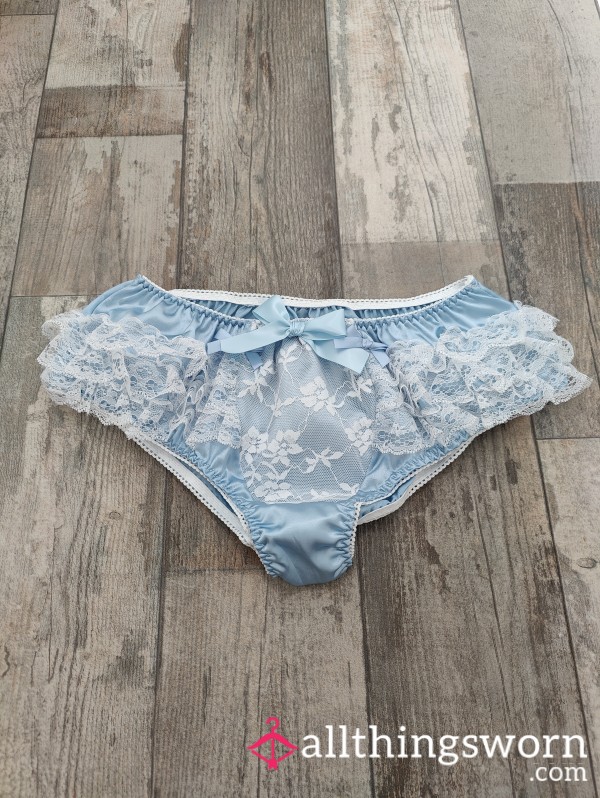 Ladies Blue White Silky Satin Cosplay Frilly Bow Knickers Panties Size Small 8