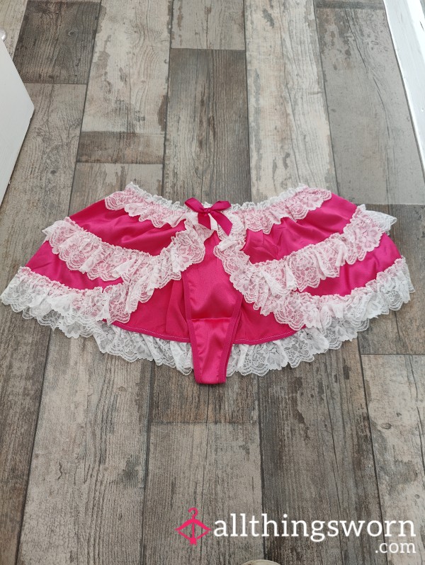 Ladies Pink White Silky Satin Cosplay Frilly Bow Knickers Panties Size Small 8