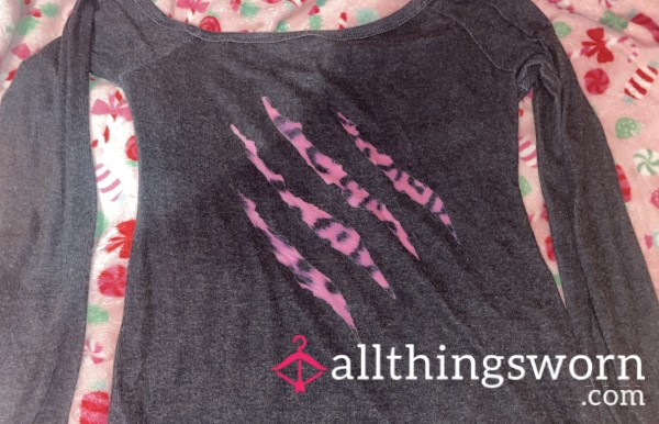 Large, Off The Shoulder Y2K Trashy Mcbling Pink Leopard Scratched Dark Grey T-shirt Dress (WORN WHILE I HAD S**!) 🫣💗🤫 SWEATY!