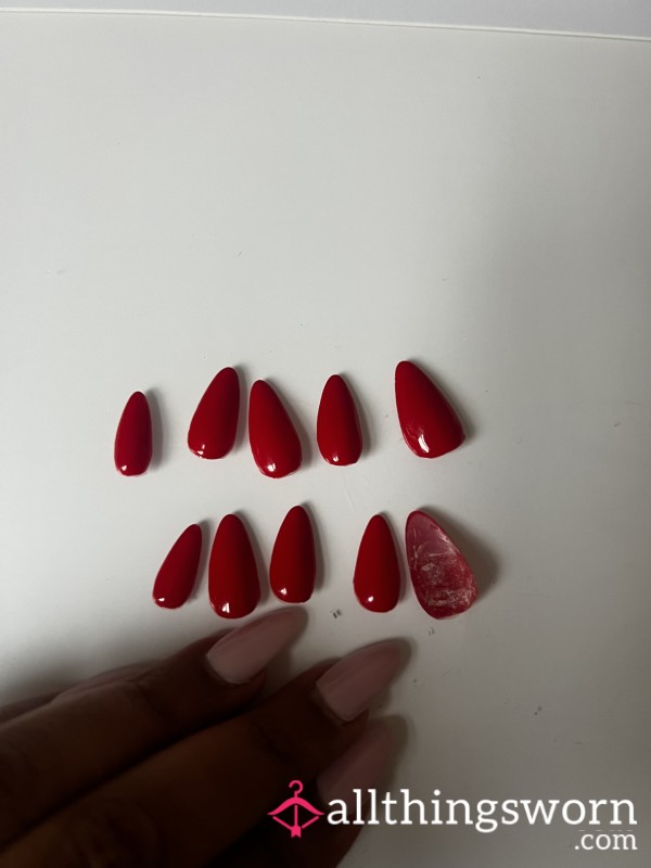 Last Months Red Pointed  Acrylic Nails