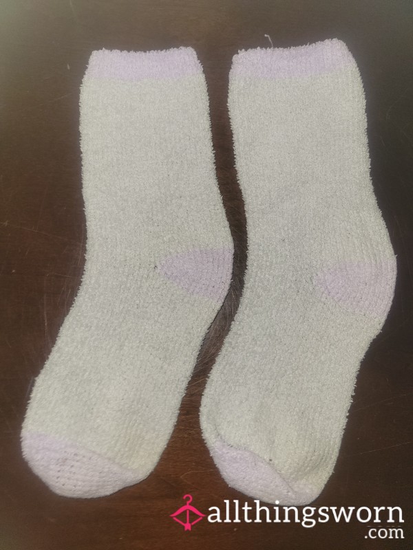 Lavender Fuzzy Socks - Well Worn - Stretched To Fit My Big Feet
