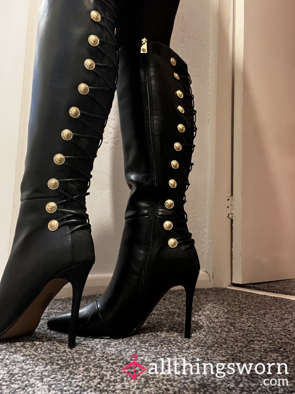 Leather Gold Detailed Knee High Stilettos
