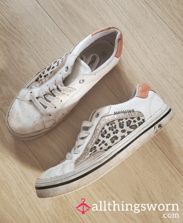 Leopard Print And White Sneaker Trainers. Well Worn