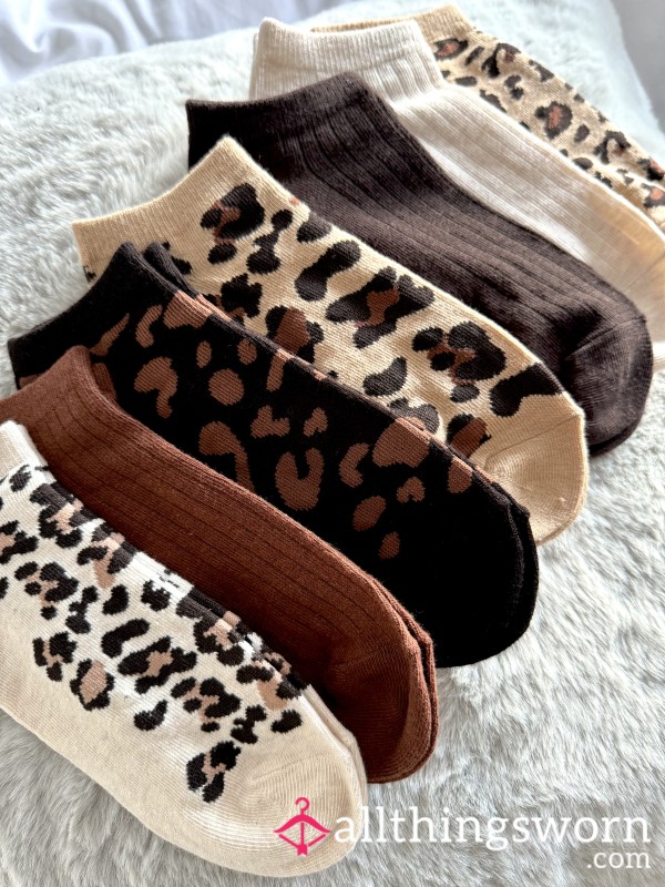 Leopard Print / Brown / Cream Ankle Socks. 24hr Wear