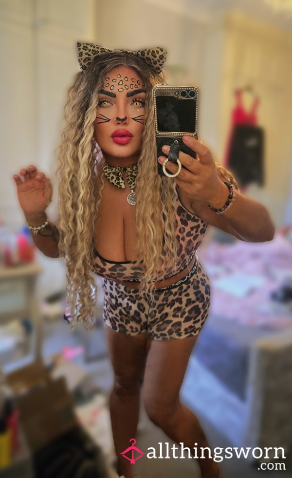 Leopard Print Crop Bra Top And Panties Set Size 14, With Matching Ears And Necklace As Worn
