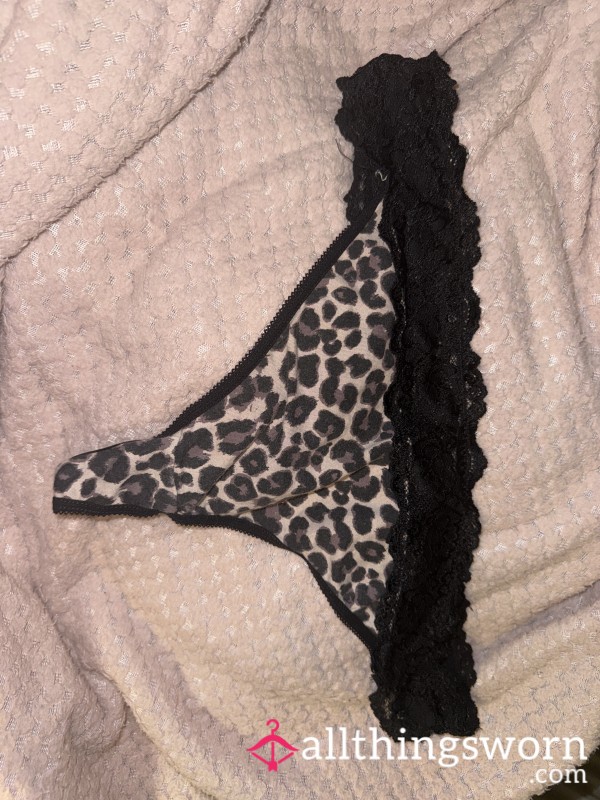 Leopard Print Thong With Black Lace Trim X