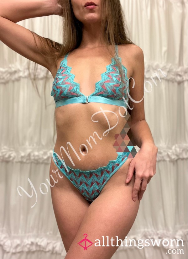 👙 Light Blue And Pink T-Back Thong Lingerie Set