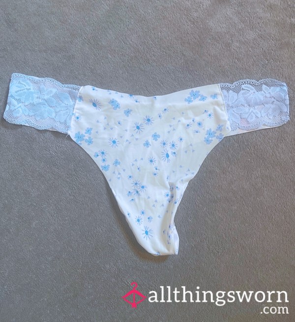 Light Blue Flor*l And Lace Silky Thong
