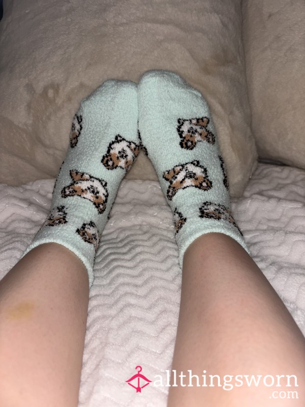 Light Blue Fluffy Ankle Socks With Dogs