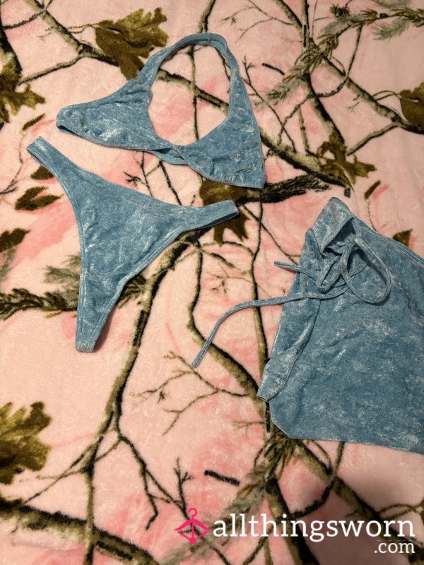 Light Blue Velvet Bikini Top Thing Bottoms And Sarong Tie Up Skirt Worn By Me